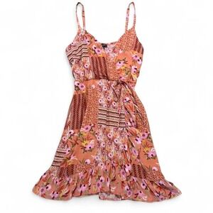 Lily Rose coral floral boho patch work ruffle faux wrap mini dress Size: XS